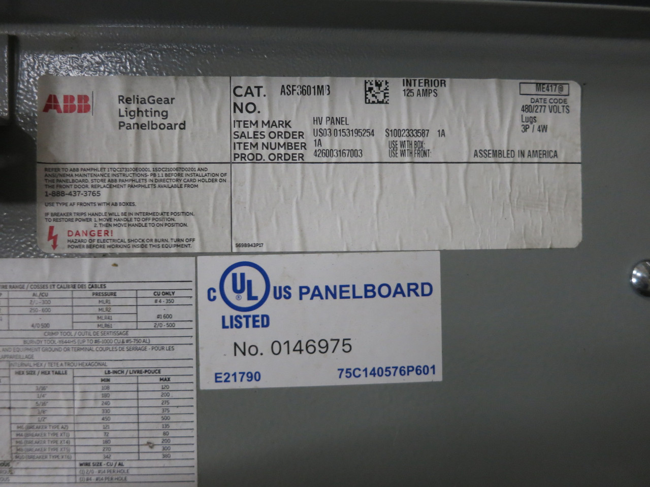 NEW ABB ASF3601MB 125A 480/277 MLO ReliaGear Lighting Panel Board